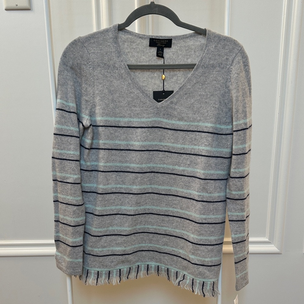 Charter Club Cashmere Navy and Acqua Blue Striped V-Neck Sweater